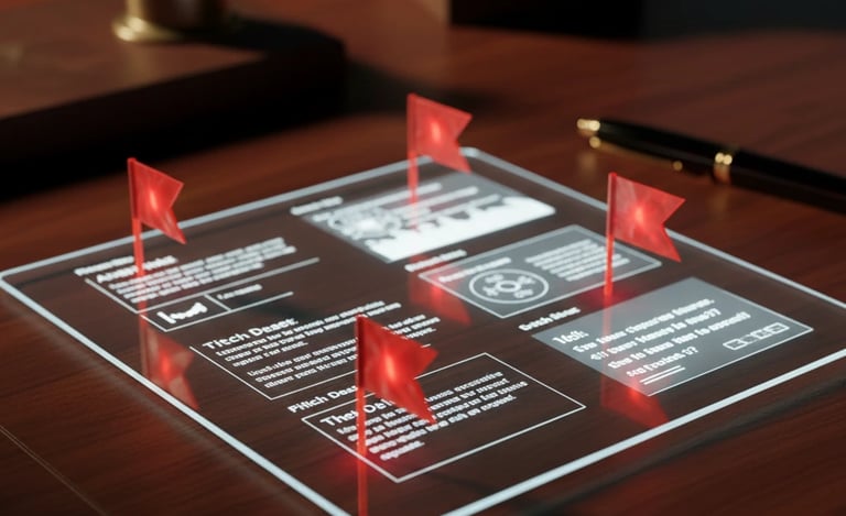 Holographic glass tablet on a wooden desk displaying data charts and four glowing red flags.