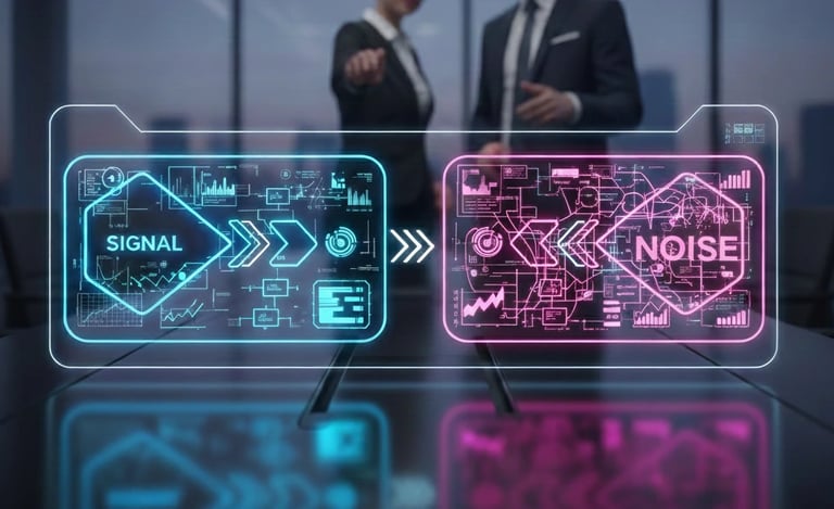 Two business professionals in an office setting view a futuristic digital display comparing "Signal"