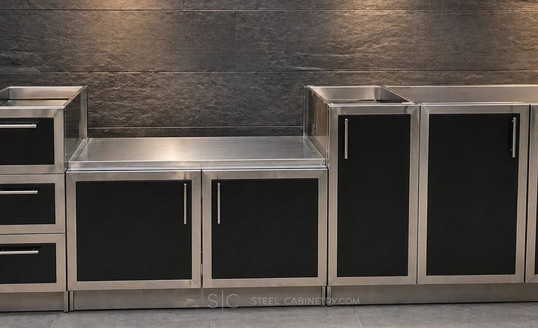Outdoor stainless steel cabinetry with black powder-coated cabinet panels