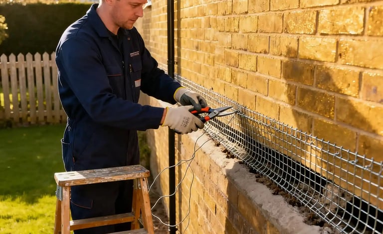 Cowbit pest control expert proofing outside building with mesh