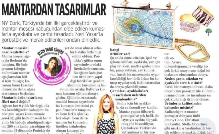 Turkish newspaper interview about eco-friendly fashion featuring sustainable mushroom leather shoes and handbags.
