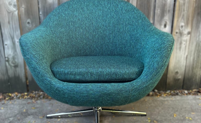 MCM Overman style egg chair reupholstered in blue tweed fabric - Toronto Upholstery