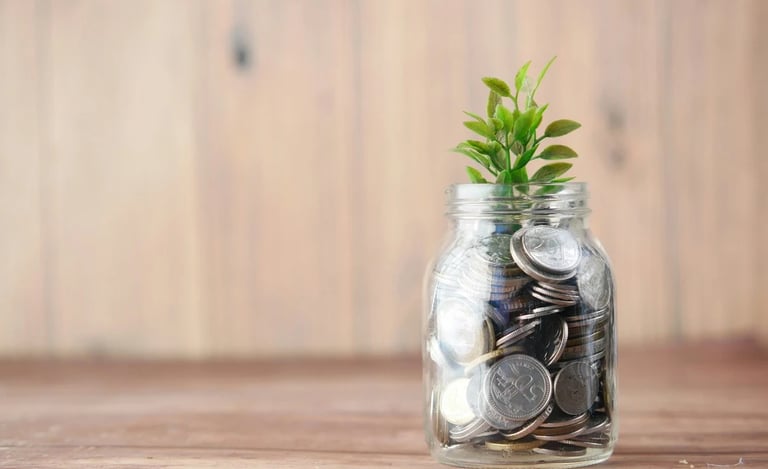 Small green plant growing out of a glass jar filled with silver coins, symbolizing financial growth and savings.