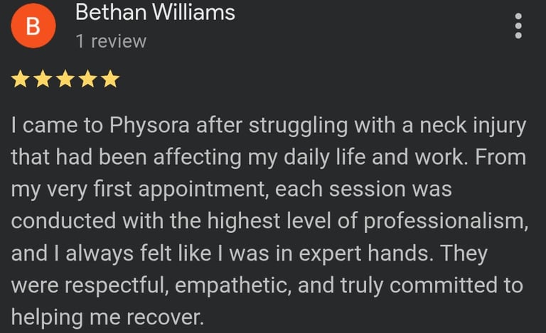 Physora Physio Google review for joint pain physiotherapy in Neath