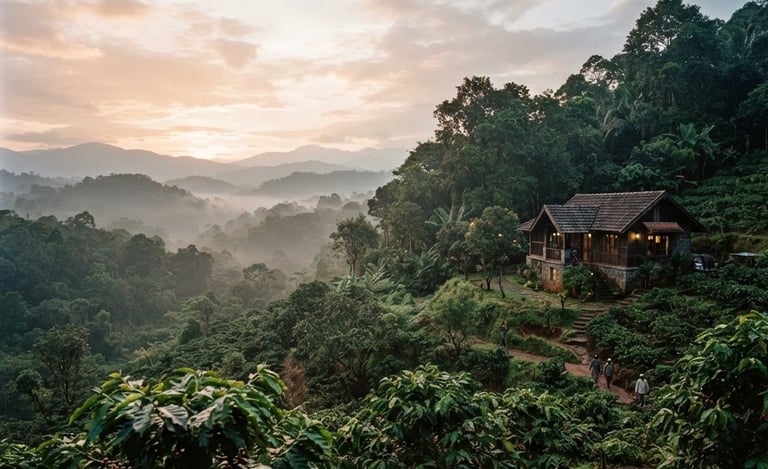 Mist-covered Coorg plantation landscape at dawn, dramatic natural side-light, deep forest greens and rich earthy browns, macro depth of field, expansive sky to the left, office building nestled in the trees to the right.
