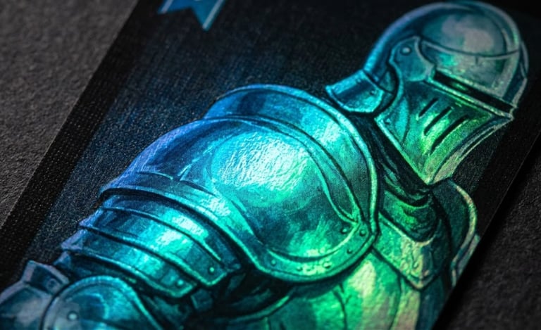 Cold foil playing card printing showing metallic gradient effect under ink