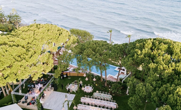 Aerial view of Villa El Rincon in Marbella during a luxury seaside destination wedding with Mediterranean scenery