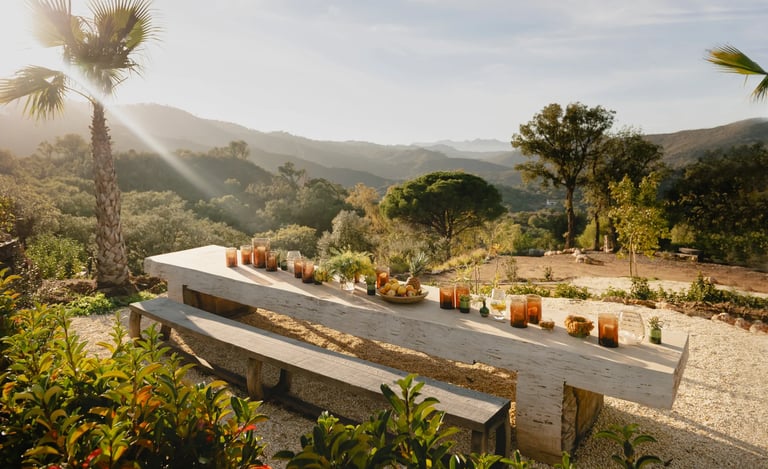 Outdoor dining table with panoramic valley views