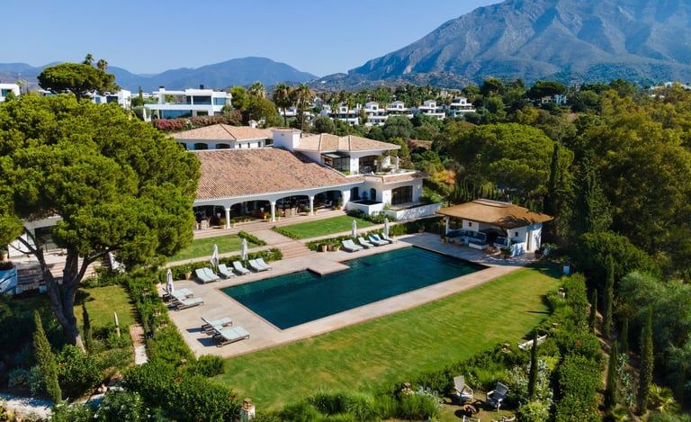 Aerial view of Villa La Gratitud with La Concha backdrop