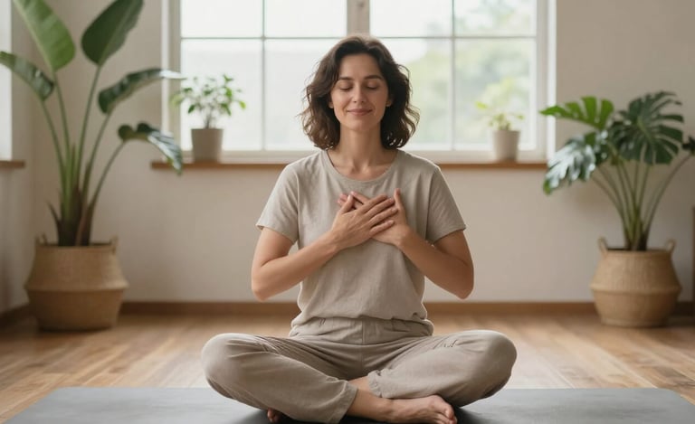 Woman practicing morning gratitude meditation with hand on heart at sunrise