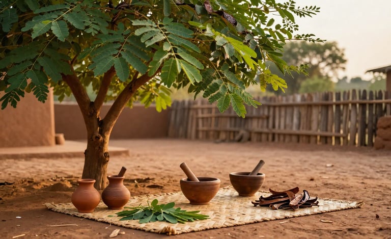 West African village moringa tree with traditional clay preparation vessels below