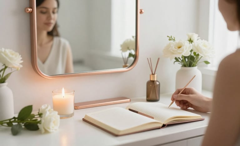 Morning self-love affirmation routine with mirror and journal