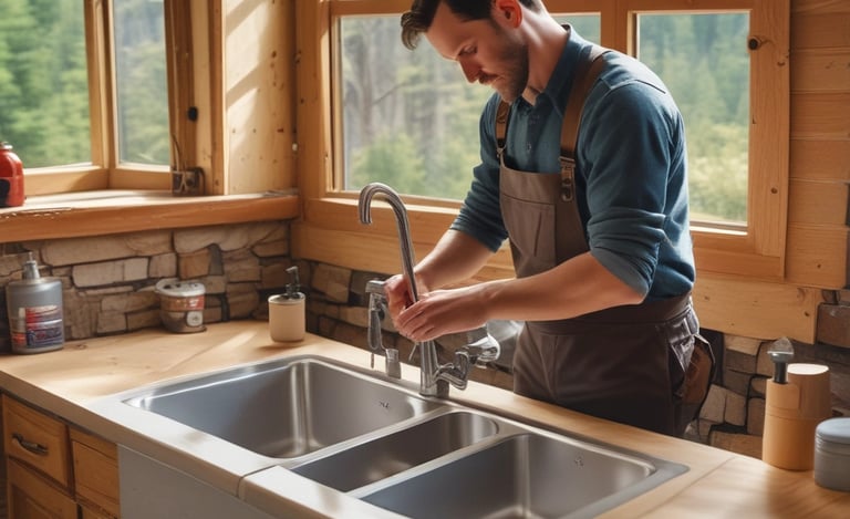 A handyman working on a home repair project with tools in hand. Installing kitchen faucet