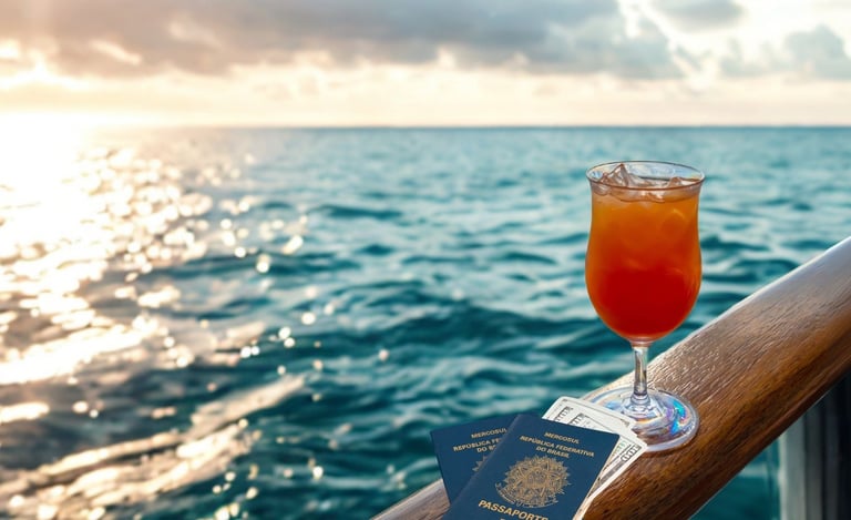 Drink colorido ao lado de passaportes sobre a barra da varanda de um navio, com o mar ao fundo.