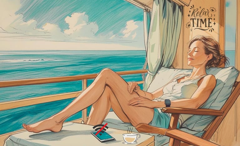 Passageiro em varanda de cabine de navio, celular ao lado, aproveitando a vista do mar e a desconexão