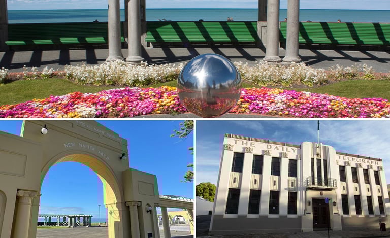 Arco colorido de Napier e jardins floridos ao longo da Marine Parade, com vista para o mar.