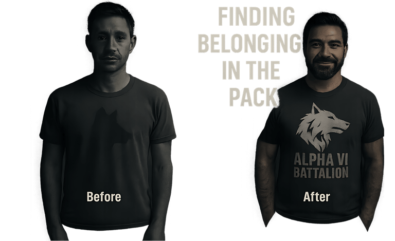 Before and after military transition graphic showing veteran finding belonging in patriotic apparel 