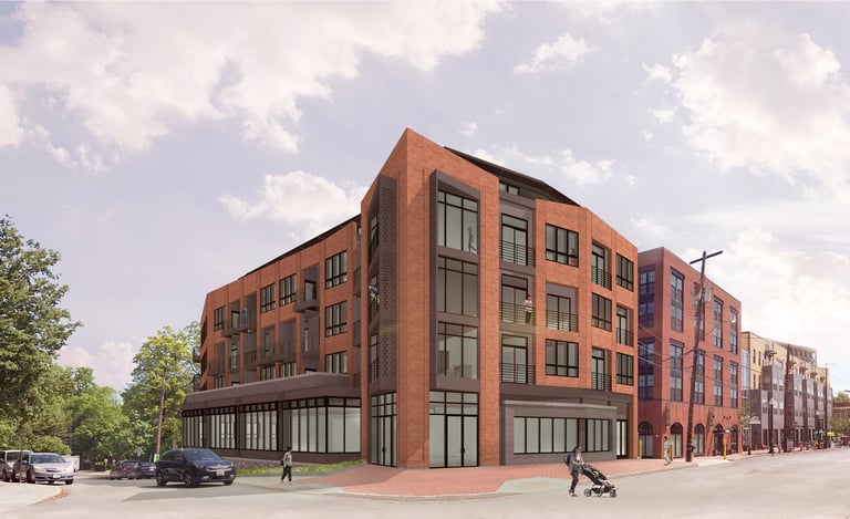 Modern red brick multi-family apartment building architectural rendering on an urban street corner.
