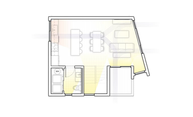 Floor plan diagram showing sunlight and cross ventilation