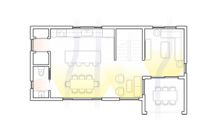 Floor plan diagram showing sunlight and cross ventilation