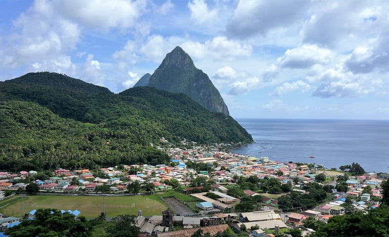 Soufriere, St. Lucia with the Pitons rising beyond