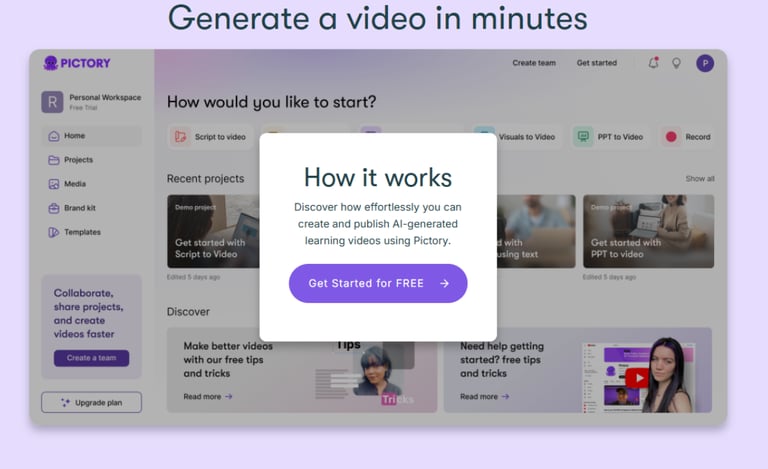 Homepage of Pictory AI showing generate a vidoe in minutes how it works