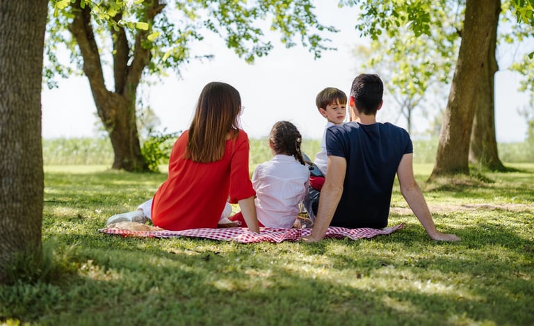Eine Familie mit zwei Kindern sitzt beim Picknick.