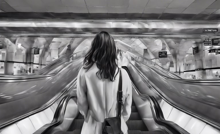 A woman standing at the base of an escalator in a subway station, her back towards the viewer