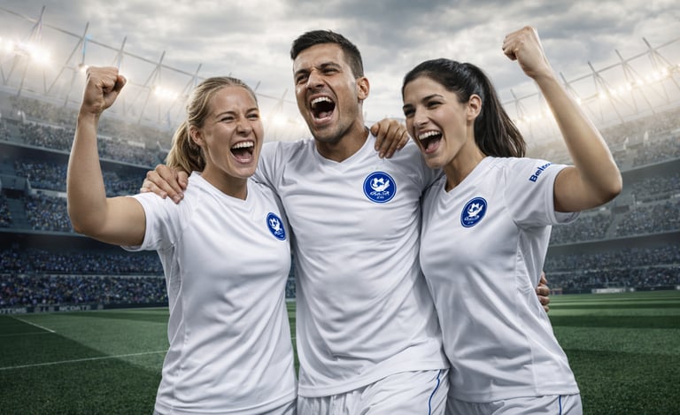 Three cheerful soccer players in white jerseys celebrating a victory in a crowded sports stadium.