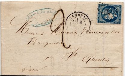 Letter mailed on 8 February 1871 in CAMBRAI (free zone) for ST QUENTIN (occupied zone).