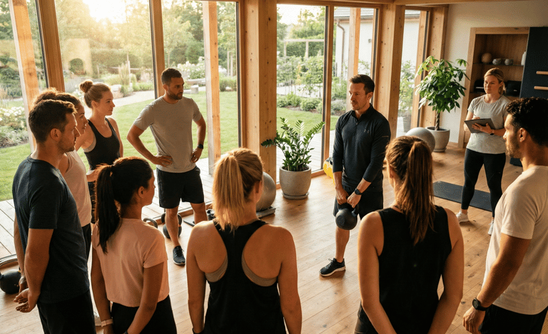 Wellness director leading small group functional training session in luxury hotel wellness facility