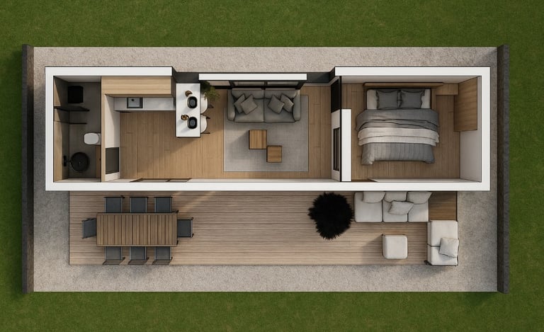 Planta superior de tiny house de construcción modular con distribución interior y terraza exterior