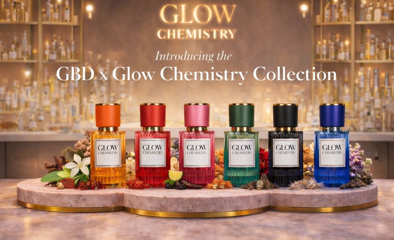 Glow Chemistry luxury inspired by collection showcased in a fragrance lab