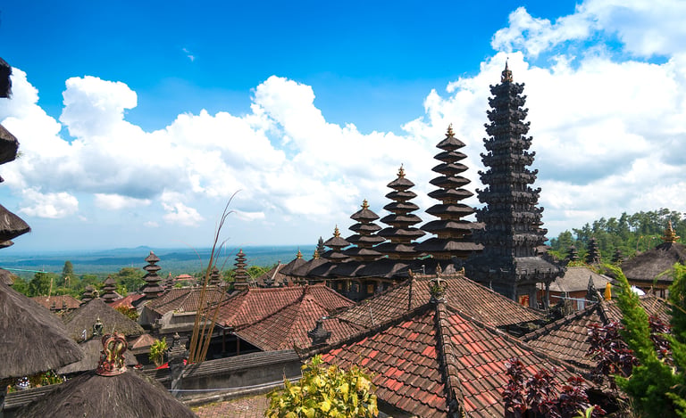 Panoramic view of Besakih Temple courtyards with intricate stone carvings and shrines