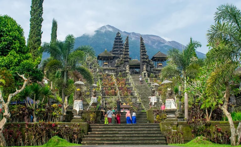 Stone stairways leading up to Besakih Temple complex on the sacred slopes of Mount Agung