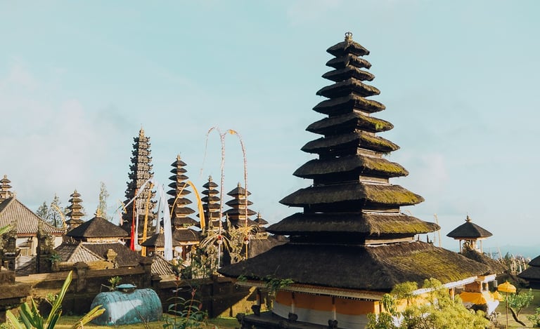Panoramic view of Besakih Temple courtyards with intricate stone carvings and shrines