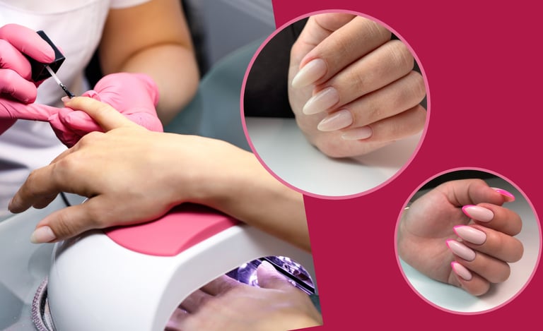 Professional manicurist applying gel polish to almond shaped nails with a UV lamp and pink French tip design.