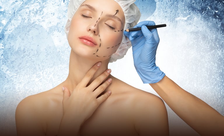 Plastic surgeon marking a woman's face with a surgical pen for cosmetic surgery on a blue background.
