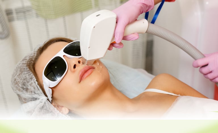 A woman receiving a professional laser hair removal treatment on her upper lip at a dermatology clinic.