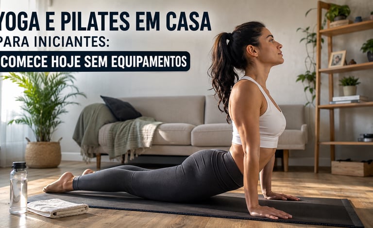 Woman practicing yoga cobra pose at home during a beginner pilates and yoga workout.