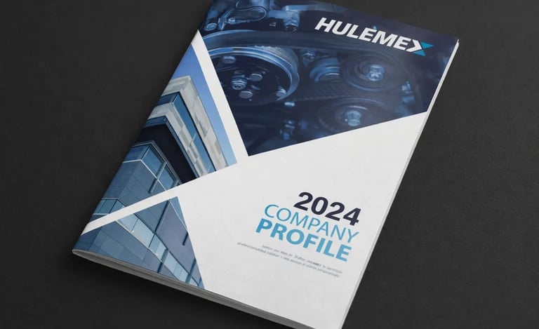 Copertina company profile Hulemex 2024 con edificio industriale e dettagli meccanici coordinati.