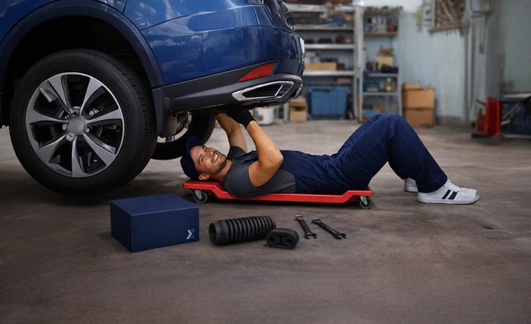 Meccanico sotto l’auto con scatola Hulemex, esempio di packaging coordinato e branding consapevole.