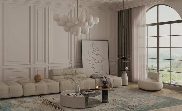 Modern minimalist living room with beige modular sofa, bubble chandelier, and large arched window.