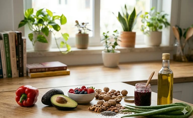 Superalimentos saudáveis como abacate, frutas vermelhas, castanhas e azeite de oliva