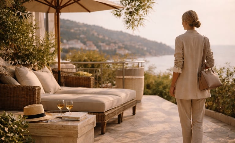 Elegant woman on luxury terrace overlooking coastal landscape.