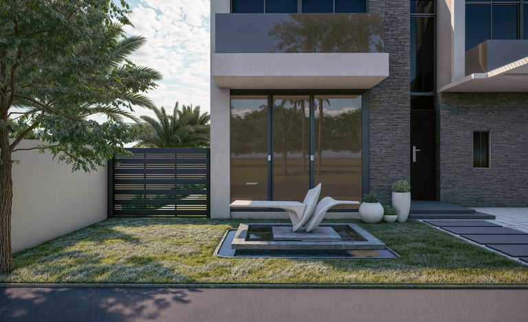 Luxury villa landscape at Trump Estates Dubai with sculptural feature