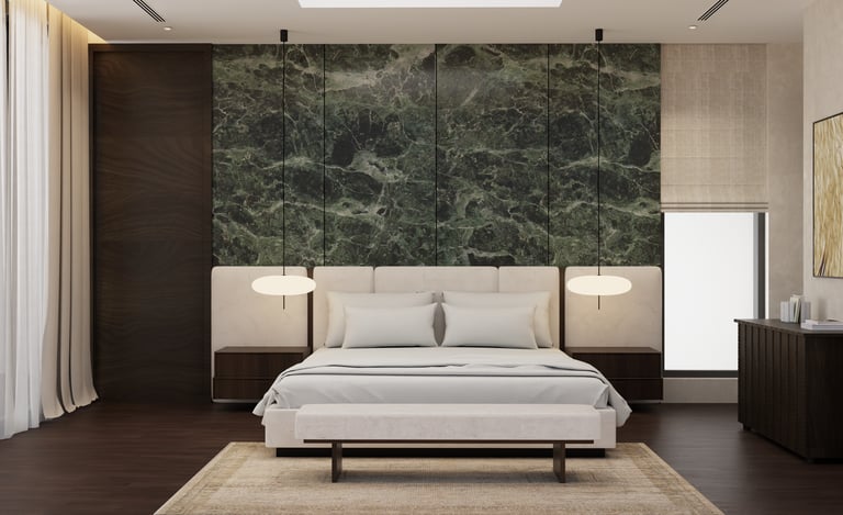 Luxury bedroom with Indian green marble feature wall Dubai