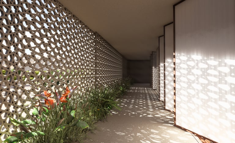 Mashrabiya corridor of Etihad House proposal showcasing traditional ventilation and filtered light
