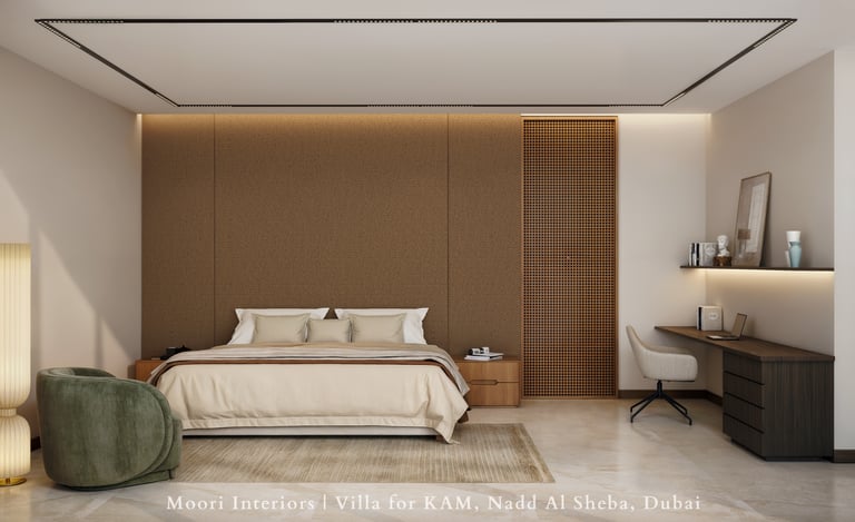 Soft Luxe Minimalism bedroom featuring a large bed with neutral bedding and a wooden accent wall