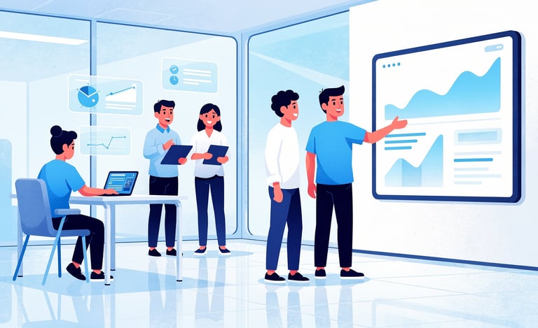 A business team analyzing data charts and marketing analytics on a digital office dashboard.